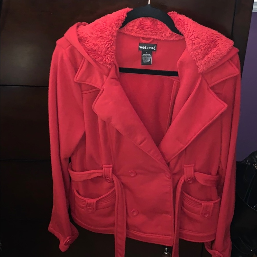 Red Fuzzy-Hooded Pea Coat